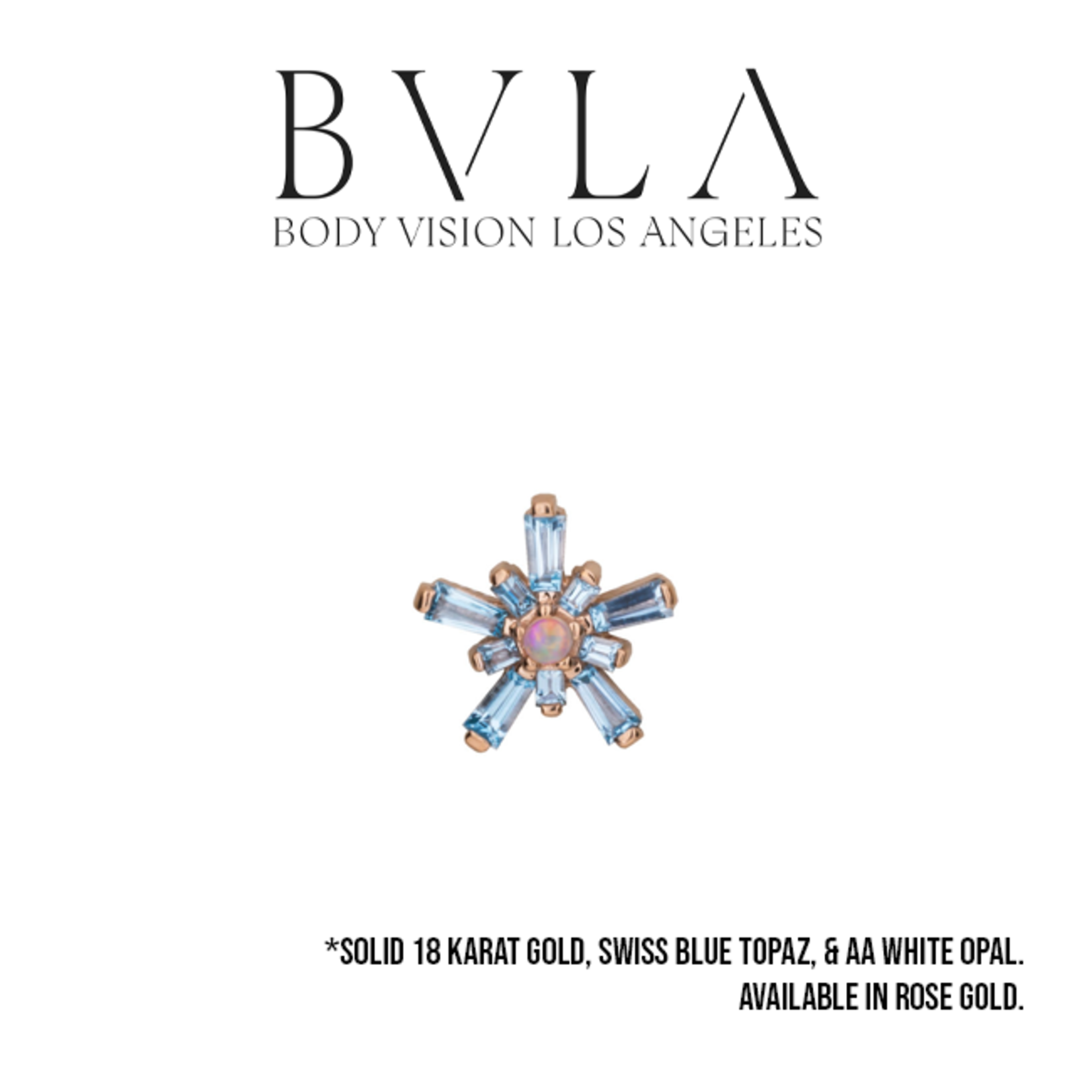 BVLA BVLA "MiniNova" threaded end with 5x 2.5x1.3x1 Tapered Swiss Blue Topaz Baguettes, 5x 1.25x1x.75 Tapered Swiss Blue Topaz Baguette, and 1.5mm AAA White Opal