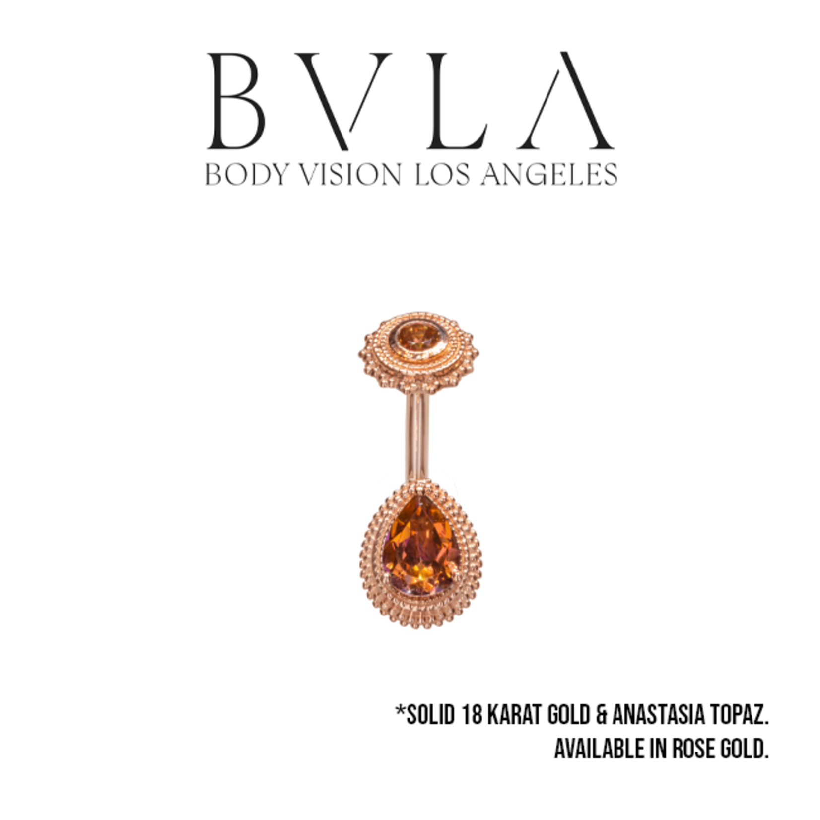 BVLA BVLA rose gold 14g "Robyn" navel j-curve with 3.0mm Anastasia topaz & 3.0x40mm. Anastasia topaz pear