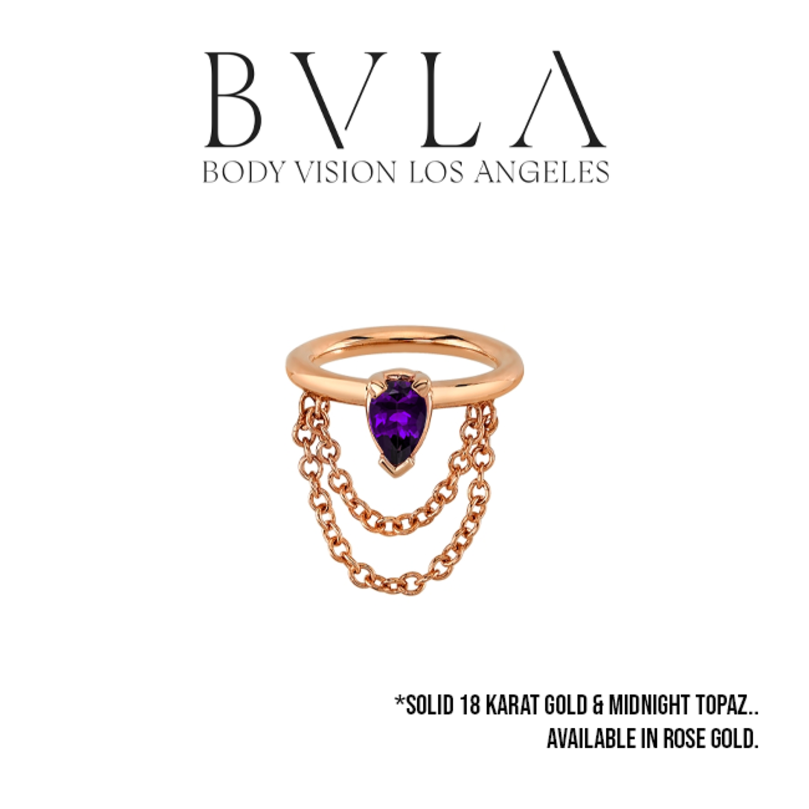 BVLA BVLA 16g rose gold "Call Me!" seam ring with 4x2.5 Midnight topaz pear and cable chain. Available in multiple diameters