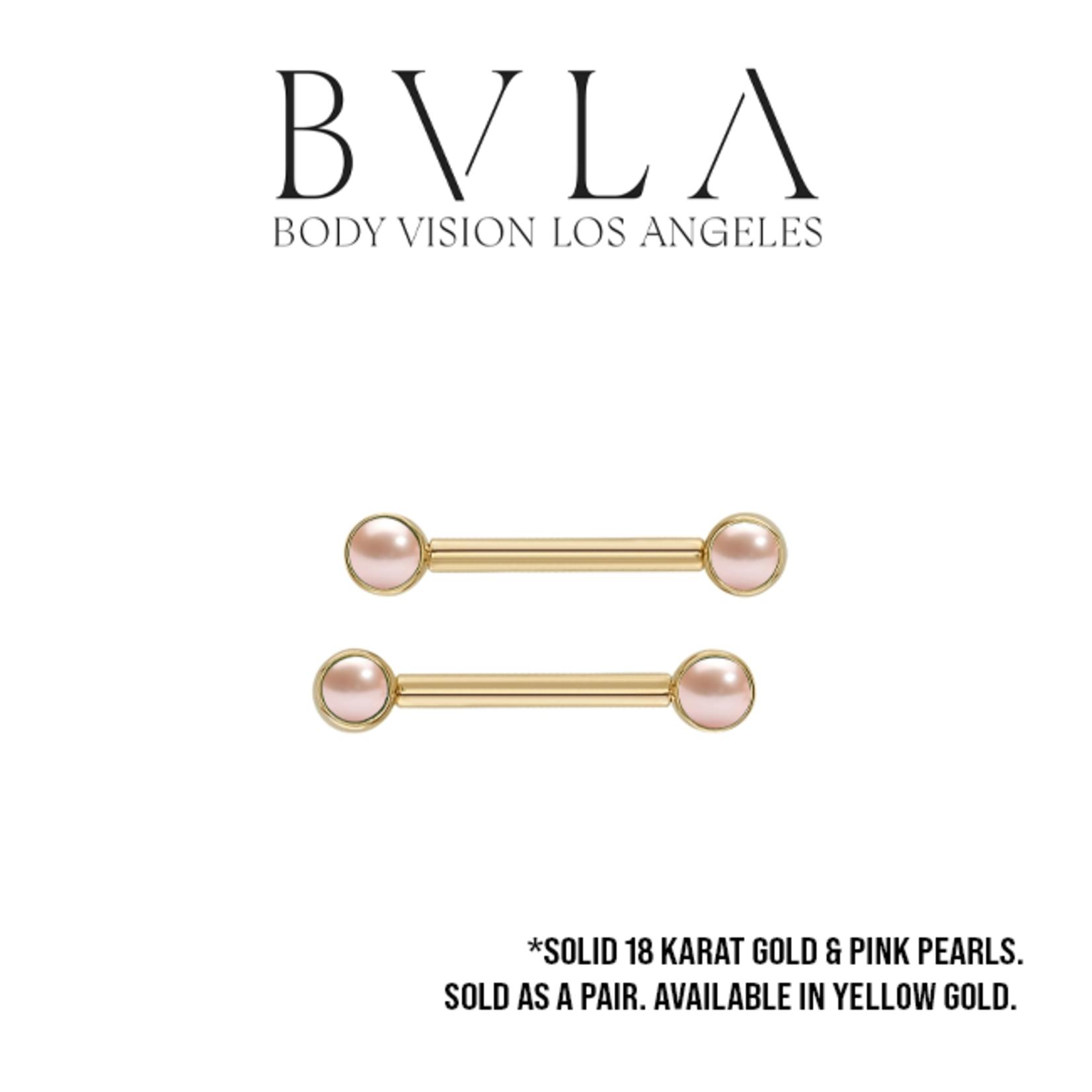 BVLA BVLA Yellow Gold 12g "Bezel Bell" nipple barbells with 4.0mm Pink Pearls. Sold as a pair