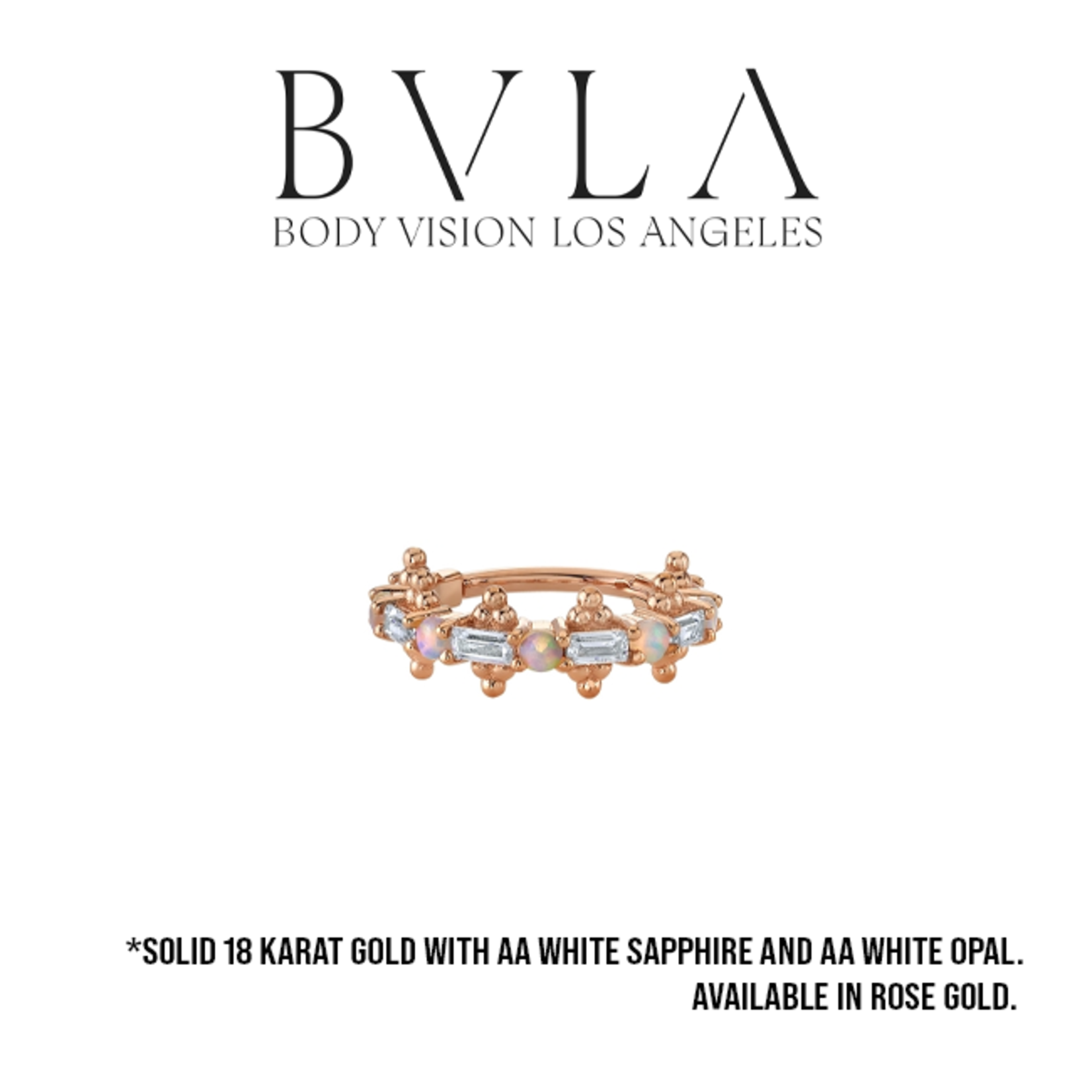 BVLA BVLA 16g "Closer" clicker with 6x 3.0x1.5mm AA white sapphire baguettes and 5x 2.0 AAA white opals