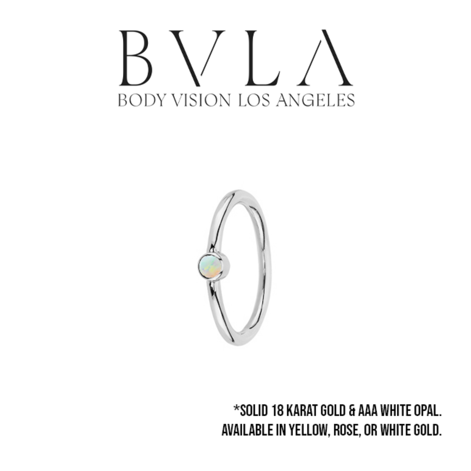BVLA 18g BVLA fixed ring with bezel-set 2.0 AAA white opal cabochon