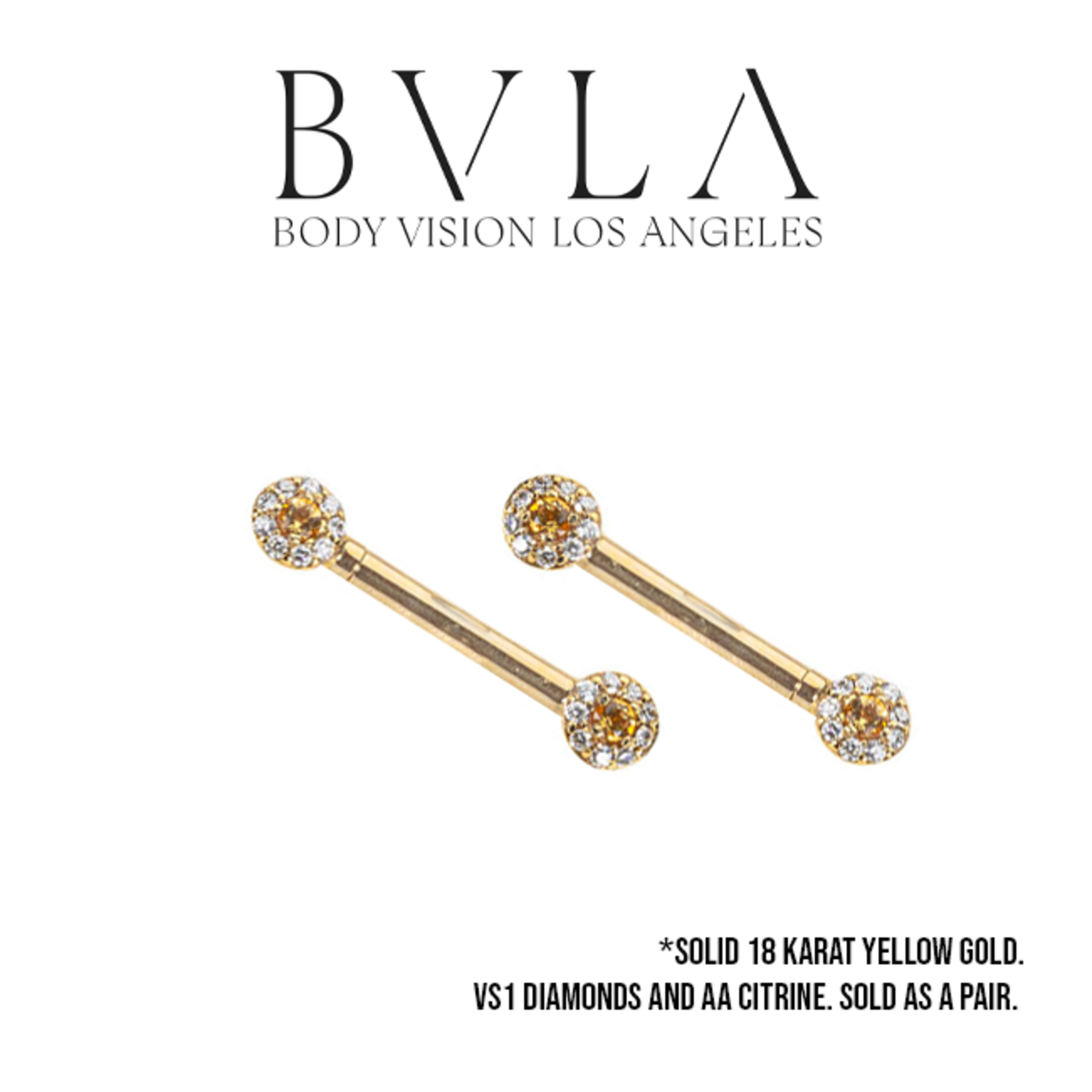 BVLA BVLA 12g "Altura Barbell" with 18x 1.0 VS1 Diamonds and 3.0 AA Citrine - Sold as a pair