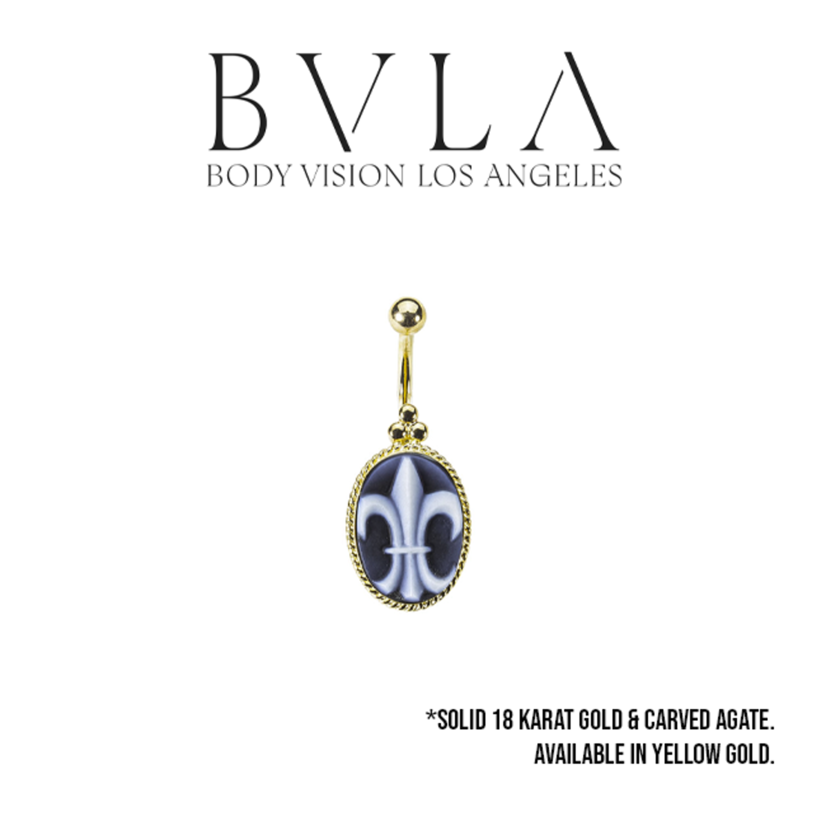 BVLA BVLA yellow gold 14g "Fleur De Lis" navel j-curve with carved agate