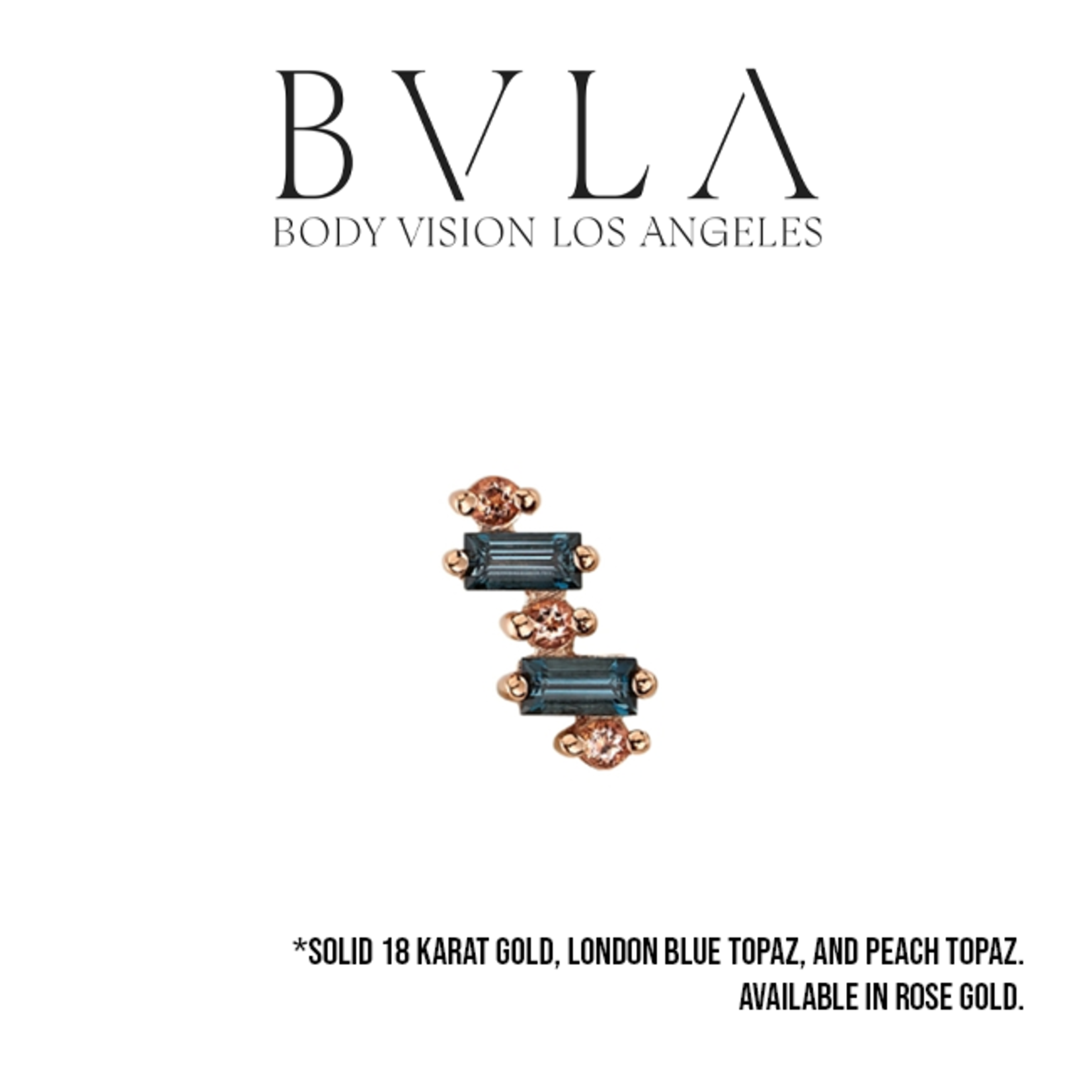 BVLA BVLA 16g "Divina" threaded end with 2x 4x2 London Blue Topaz baguettes and 3x 2.0 AA Peach Topaz