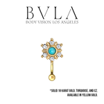 BVLA BVLA Yellow Gold 14g "Toltec" Top-Loader Navel Curve with Turquoise and CZ