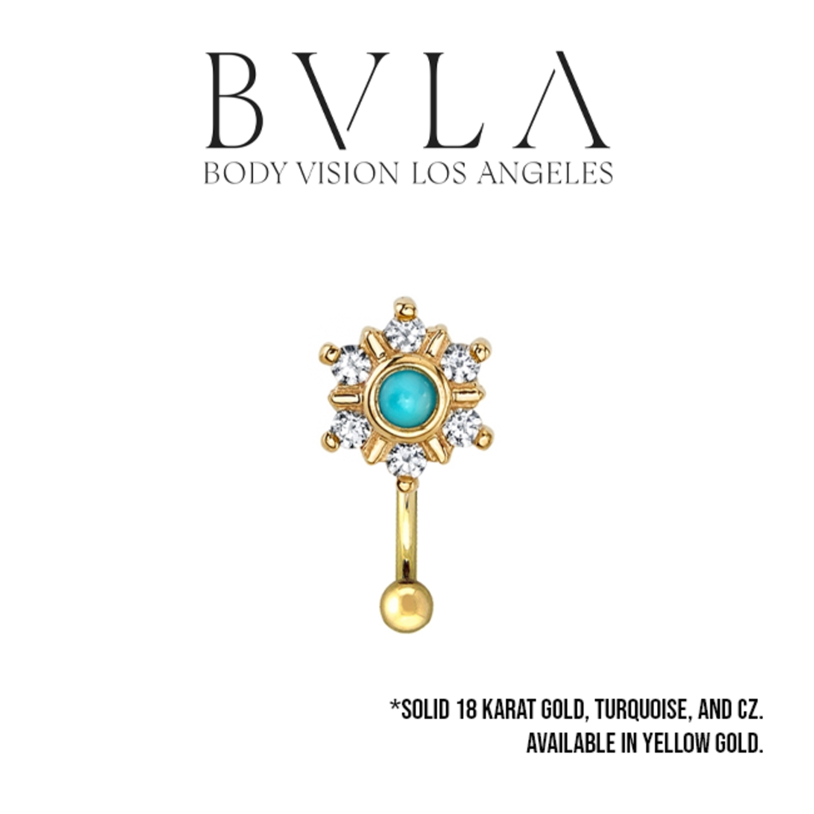 BVLA BVLA yellow gold 14g "Toltec" top loader navel curve with 3.0mm Turquoise and 6x 1.5mm CZ
