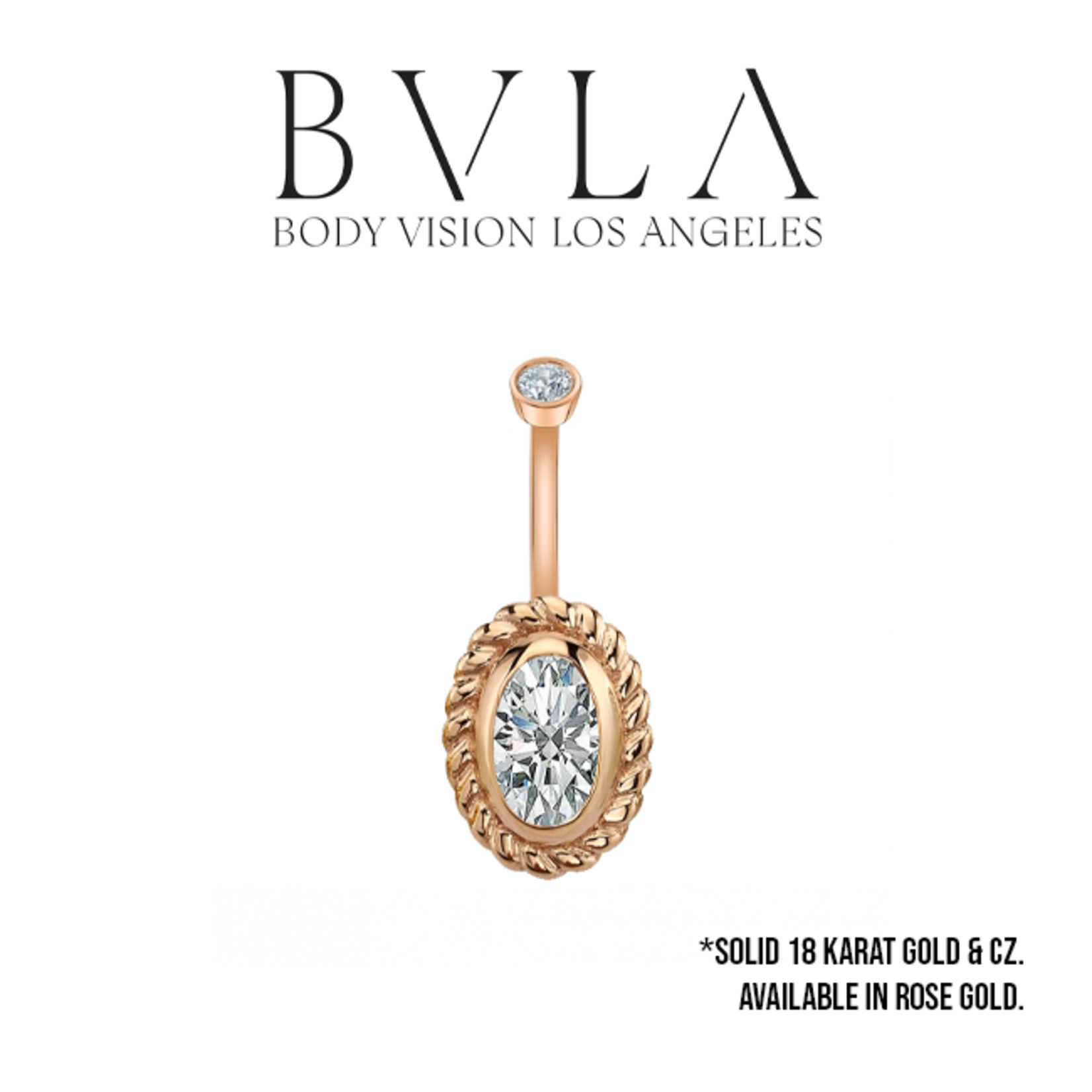 BVLA BVLA Rose Gold 14g "Oval Raine" navel curve with 8.0x6.0mm CZ oval and 3.0mm CZ top