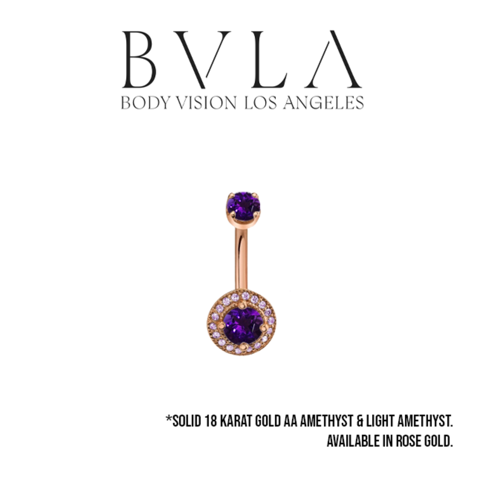 BVLA BVLA Rose Gold 14g "Halo" navel curve with 4.0 AA Amethyst top, 5.0 AA Amethyst bottom and 18x 1.0 AA Light Amethyst