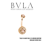 BVLA BVLA Rose Gold 14g "Halo with Side Gems" Navel Curve with Oregon Sunstone and CZ