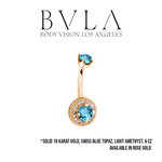 BVLA BVLA Rose Gold 14g "Halo with Side Gems" Navel Curve with Swiss Blue Topaz, CZ and Light Amethyst