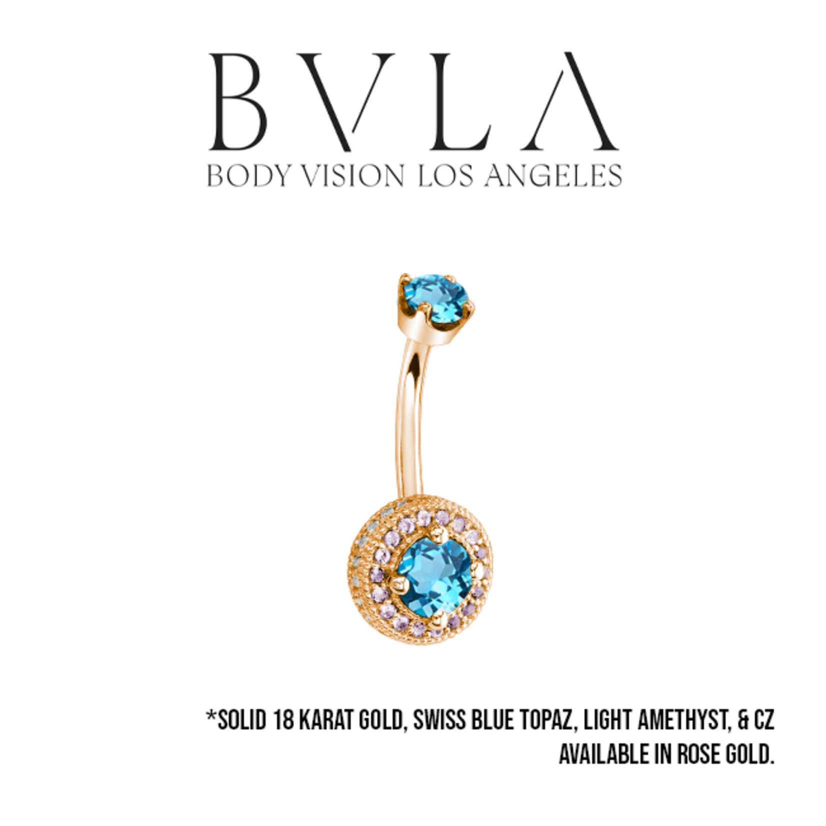 BVLA BVLA Rose Gold 14g "Halo with Side Gems" navel curve with4.0 Swiss Blue Topaz top, 5.0 Swiss Blue Topaz, 18x 1.0 CZ and 22x 1.25 Light Amethyst