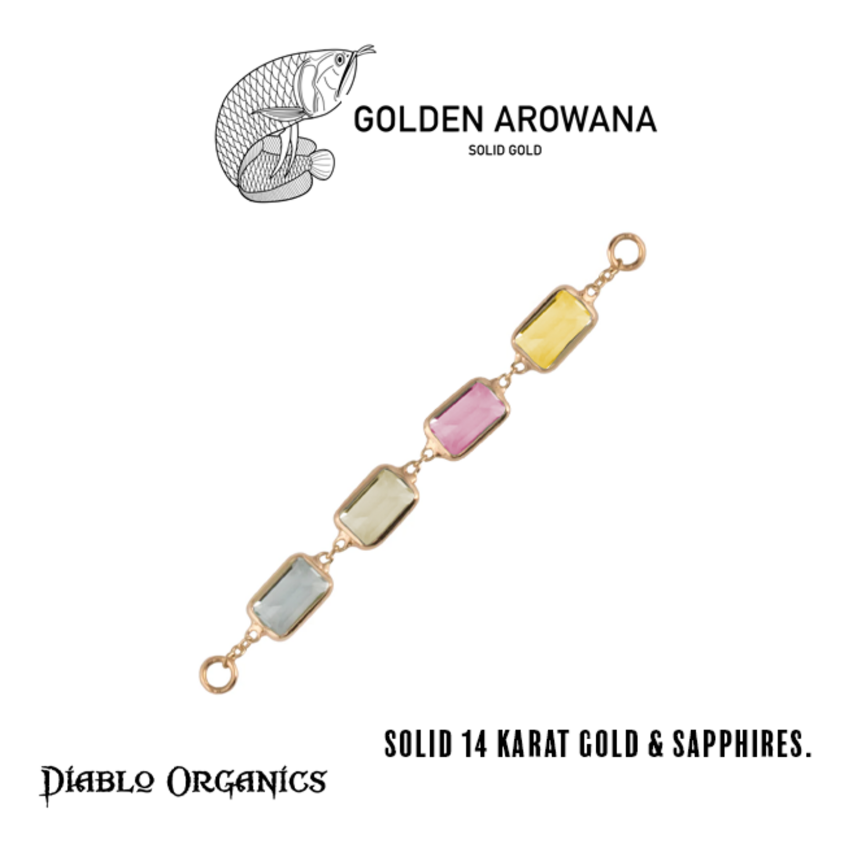 Golden Arowana by Diablo Organics Golden Arowana by Diablo Organics 35.0 Chain with Mixed Sapphire Baguettes
