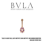 BVLA BVLA Rose Gold 14g "Lucy" Navel Curve with Light Amethyst, Amethyst and Rainbow Moonstone Pear