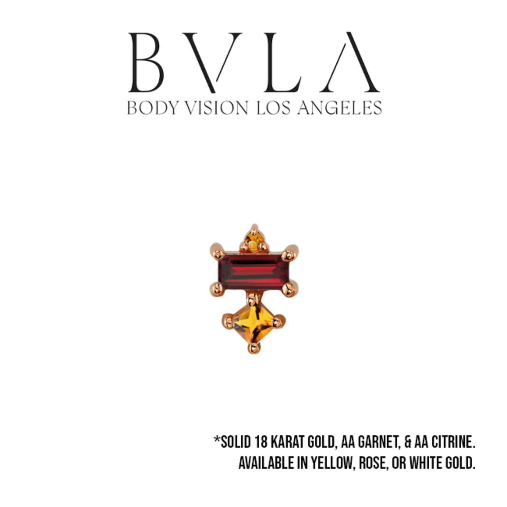BVLA BVLA 16g "Tetra" threaded end with 1.0mm AA citrine, 4.0x2.0mm AA garnet baguette, and 2.0mm princess cut AA citrine