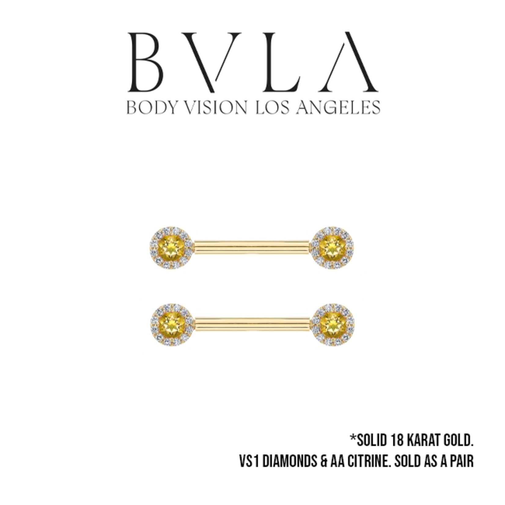 BVLA BVLA Yellow Gold 12g "Altura Barbell" with 18x 1.0mm VS1 Diamonds and 3.0mm AA Citrine. Sold as a pair