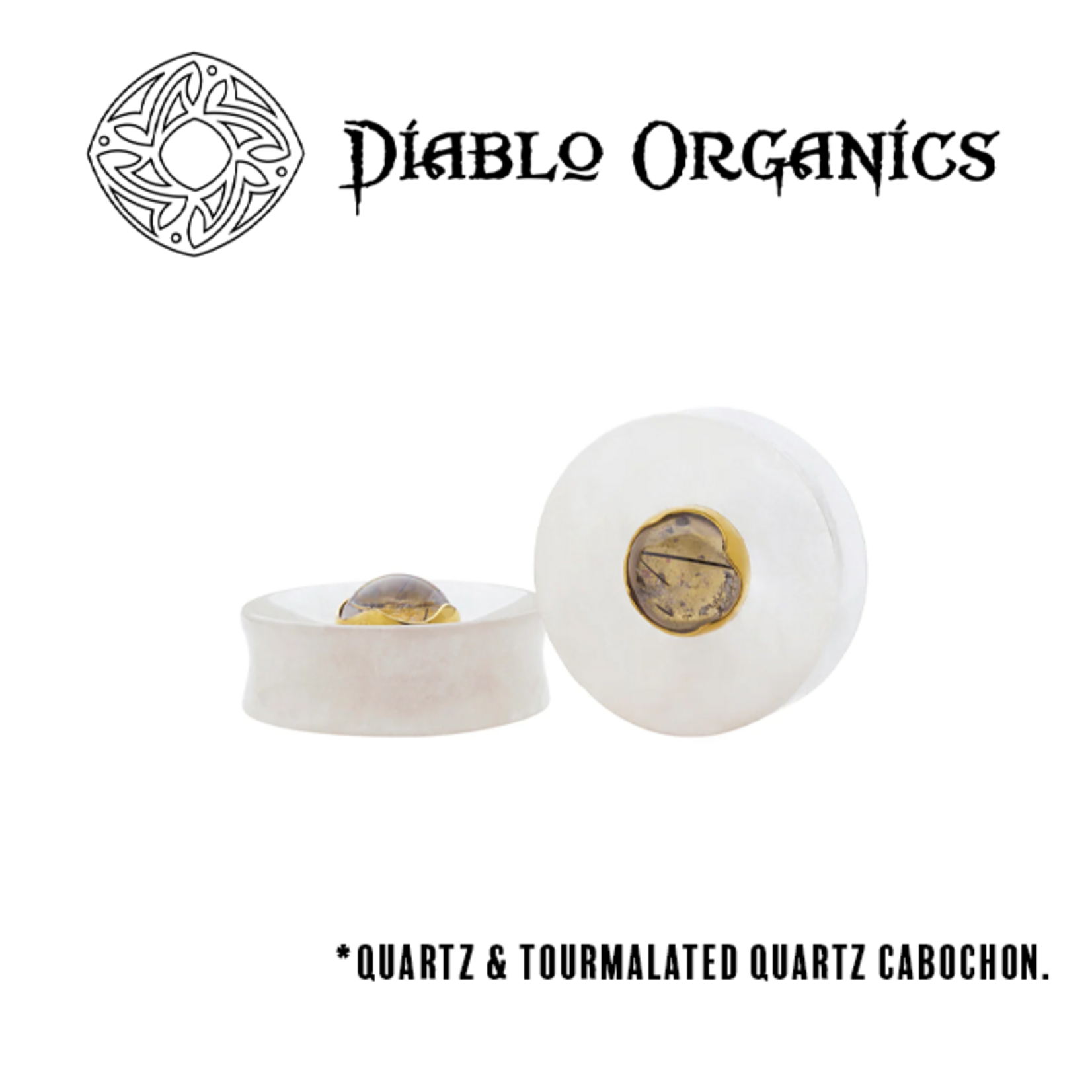 Diablo Organics Diablo Organics double flared Quartz plugs with brass-set tourmalated quartz cabochon