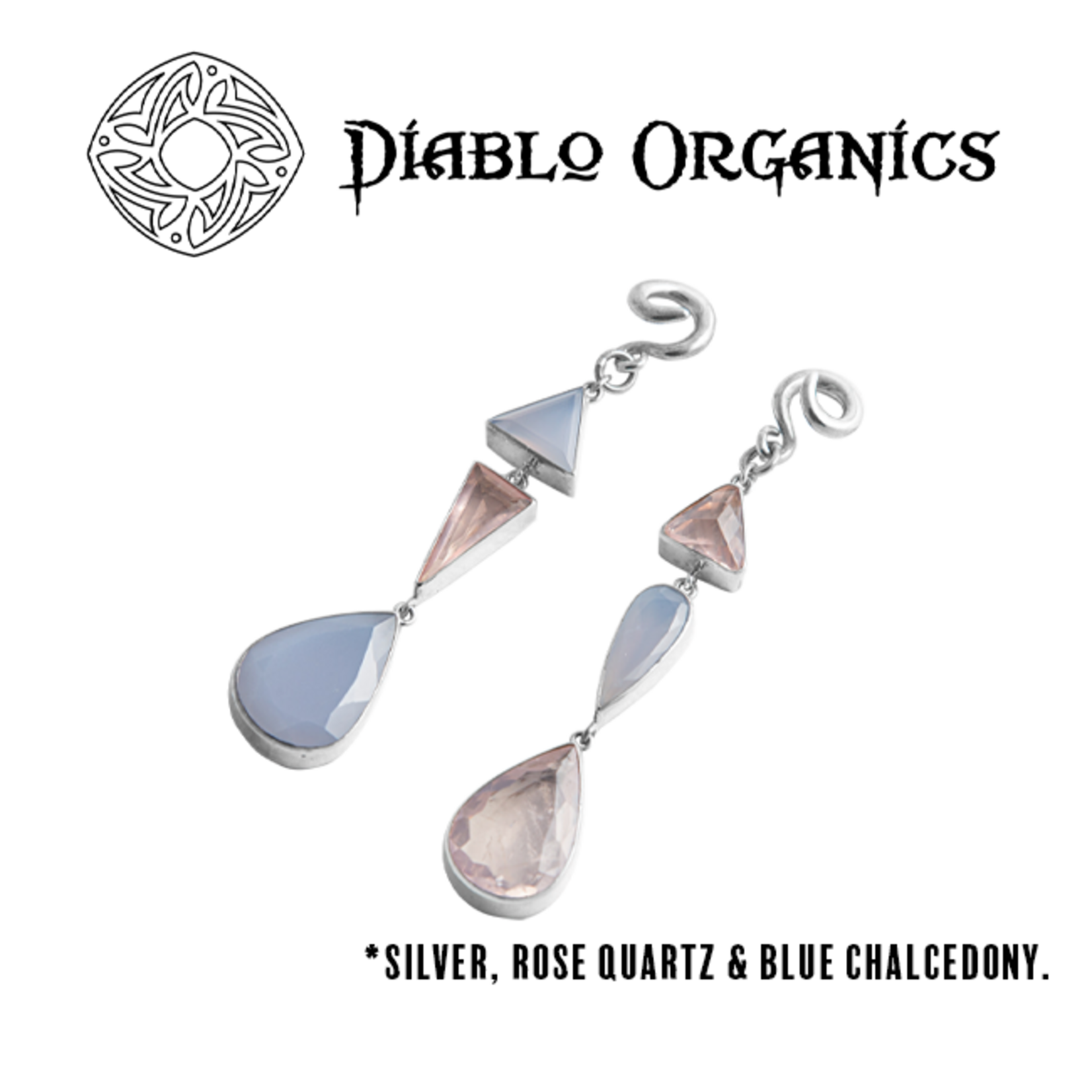 Diablo Organics Diablo Organics Asymmetrical 3-Stone hanging design with blue chalcedony and rose quartz on classic coil