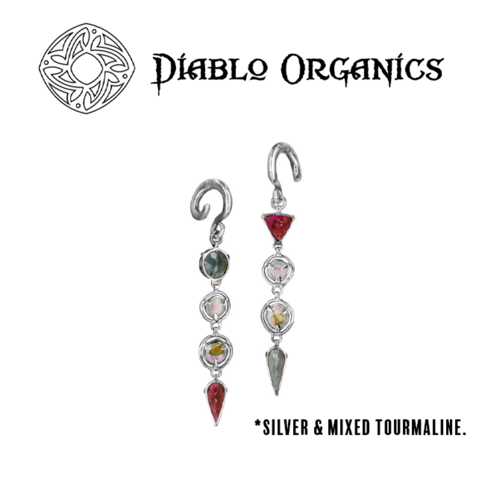 Diablo Organics Diablo Organics Asymmetrical 3-Stone hanging design with pink, blue and watermelon tourmaline on classic coil
