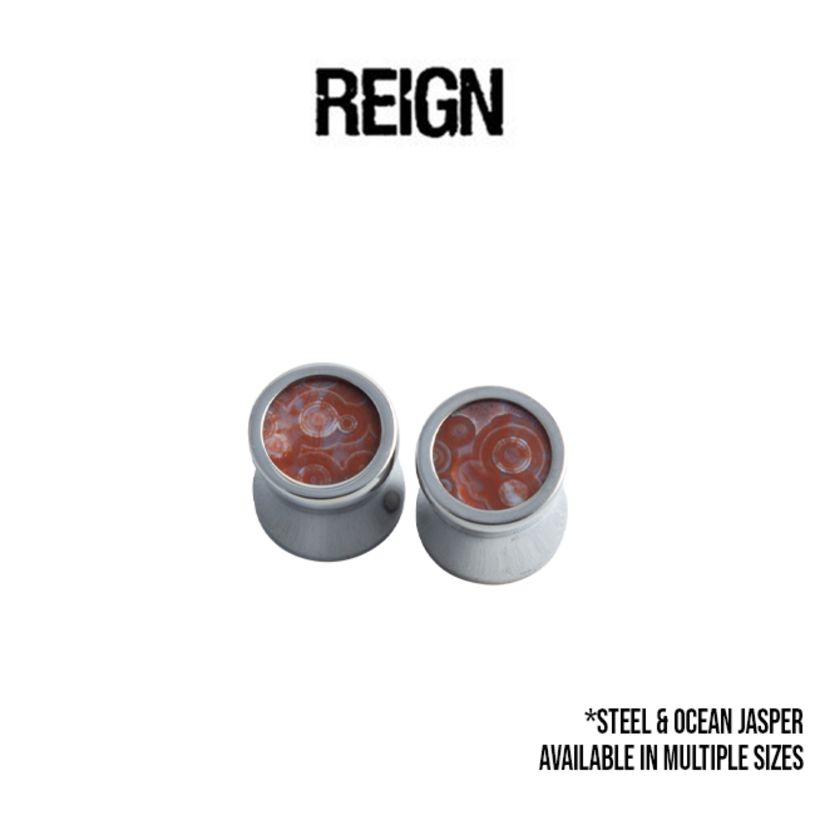 Reign Custom Design Reign Custom Design double flared steel plugs with ocean jasper cabochons