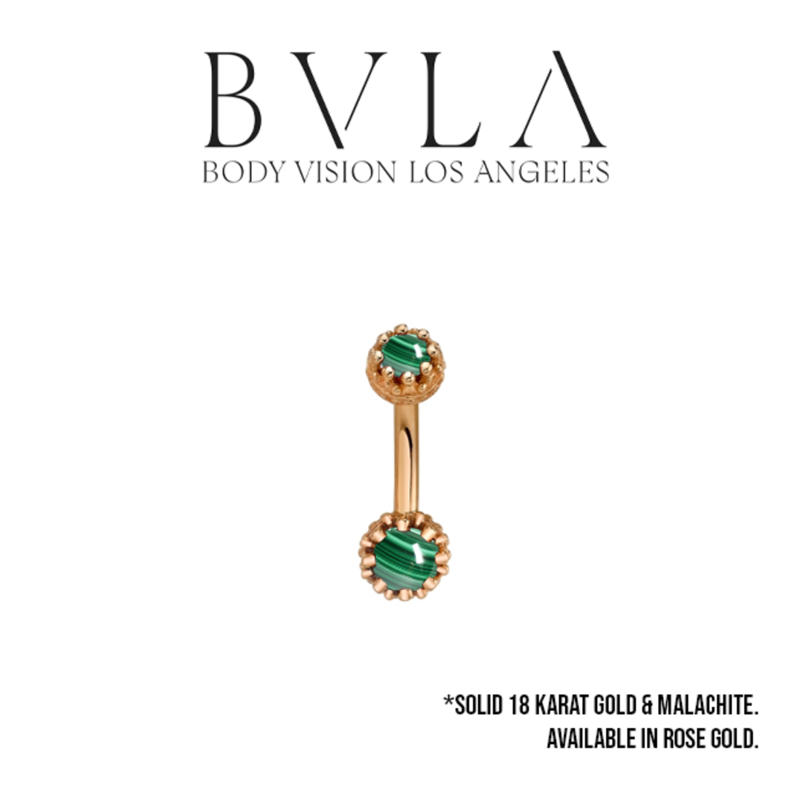 BVLA BVLA Rose Gold 14g "Crown Navel" navel curve with 3.0mm & 4.0mm Malachite cabochon