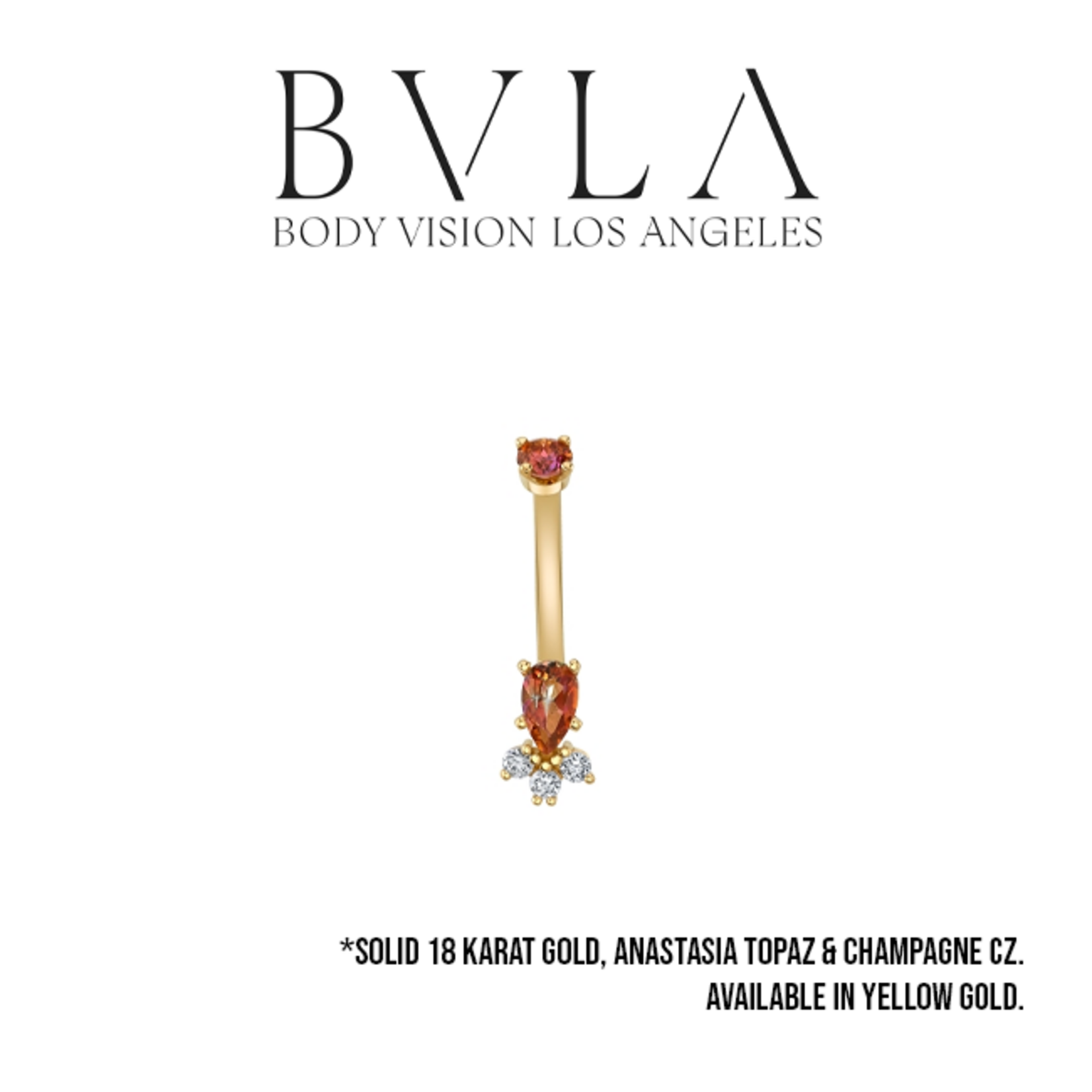 BVLA BVLA Yellow Gold 14g "Pear Prong Accent" navel curve with 3.0mm Anastasia topaz top, 5.0x3.0mm Anastasia topaz pear, and 3x 1.75mm CZ accents