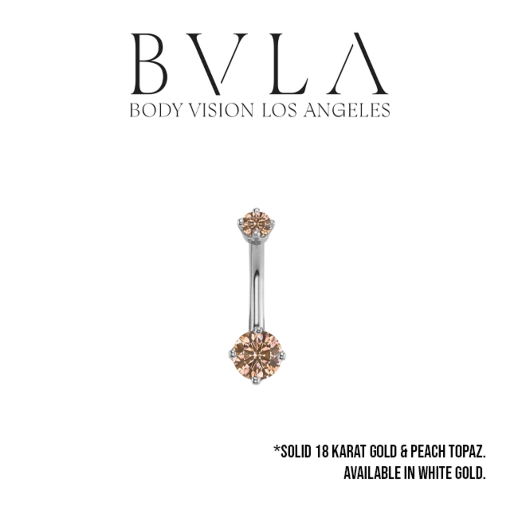 BVLA BVLA White Gold 14g "Classic Prong" navel curve with 3.0mm & 5.0mm Peach Topaz