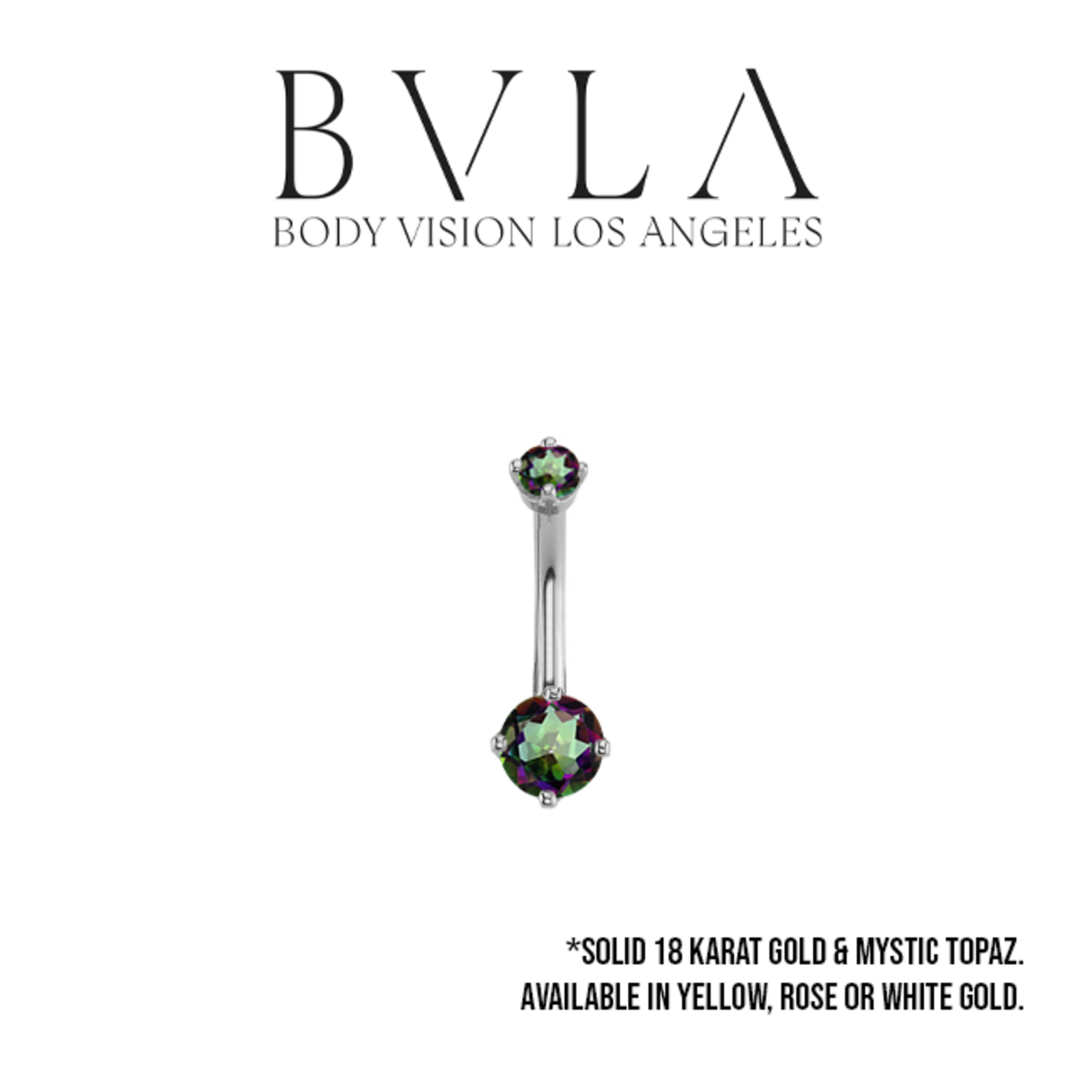 BVLA BVLA White Gold 14g "Classic Prong" navel curve with 5.0mm and 3.0mm Mystic Topaz