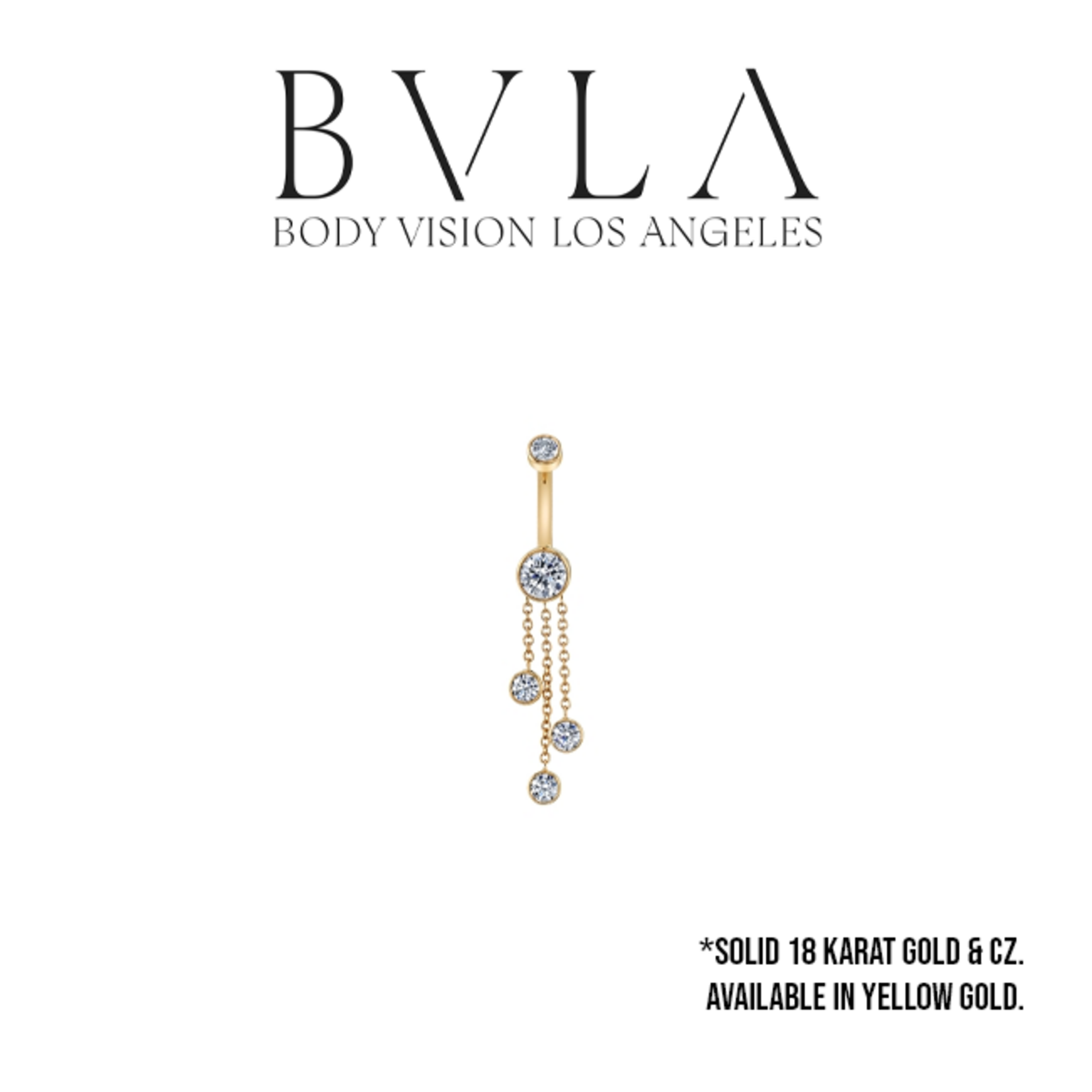 BVLA BVLA 14g "Catherine" navel curve with bezel-set 3.0mm CZ top, 5.0mm CZ bottom and 3x 5.0mm CZ chained bezel accents