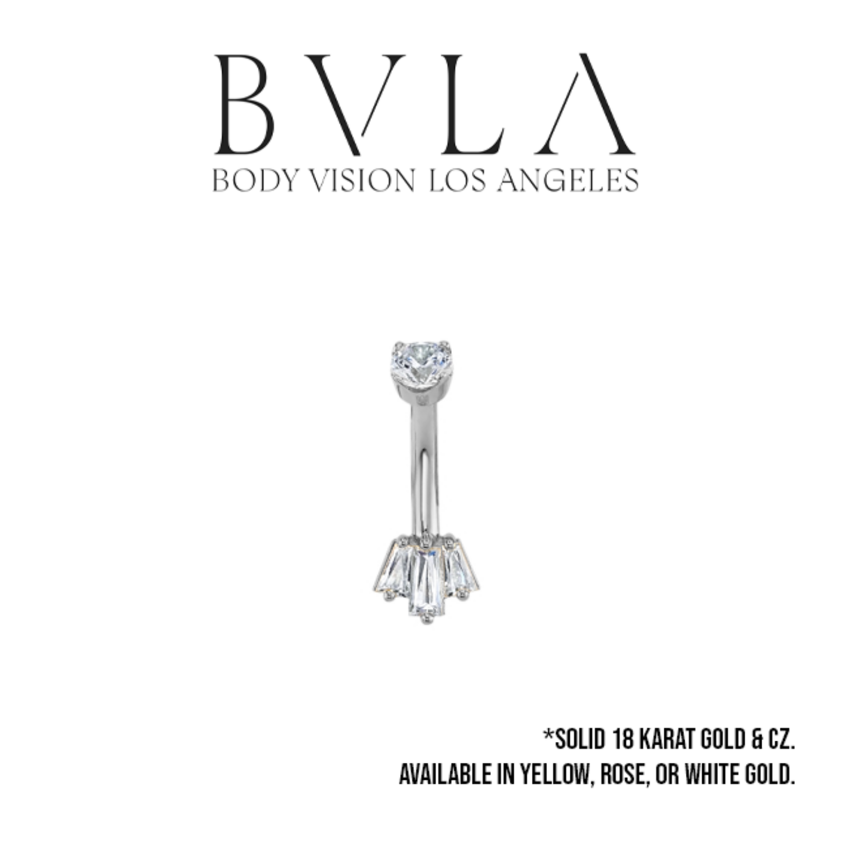 BVLA BVLA 14g "Oceane 3" navel curve with 3.0mm CZ top and 2x 3.0x2.0x1.0mm CZ and 1x 4.0x2.0x1.5mm CZ tapered baguettes