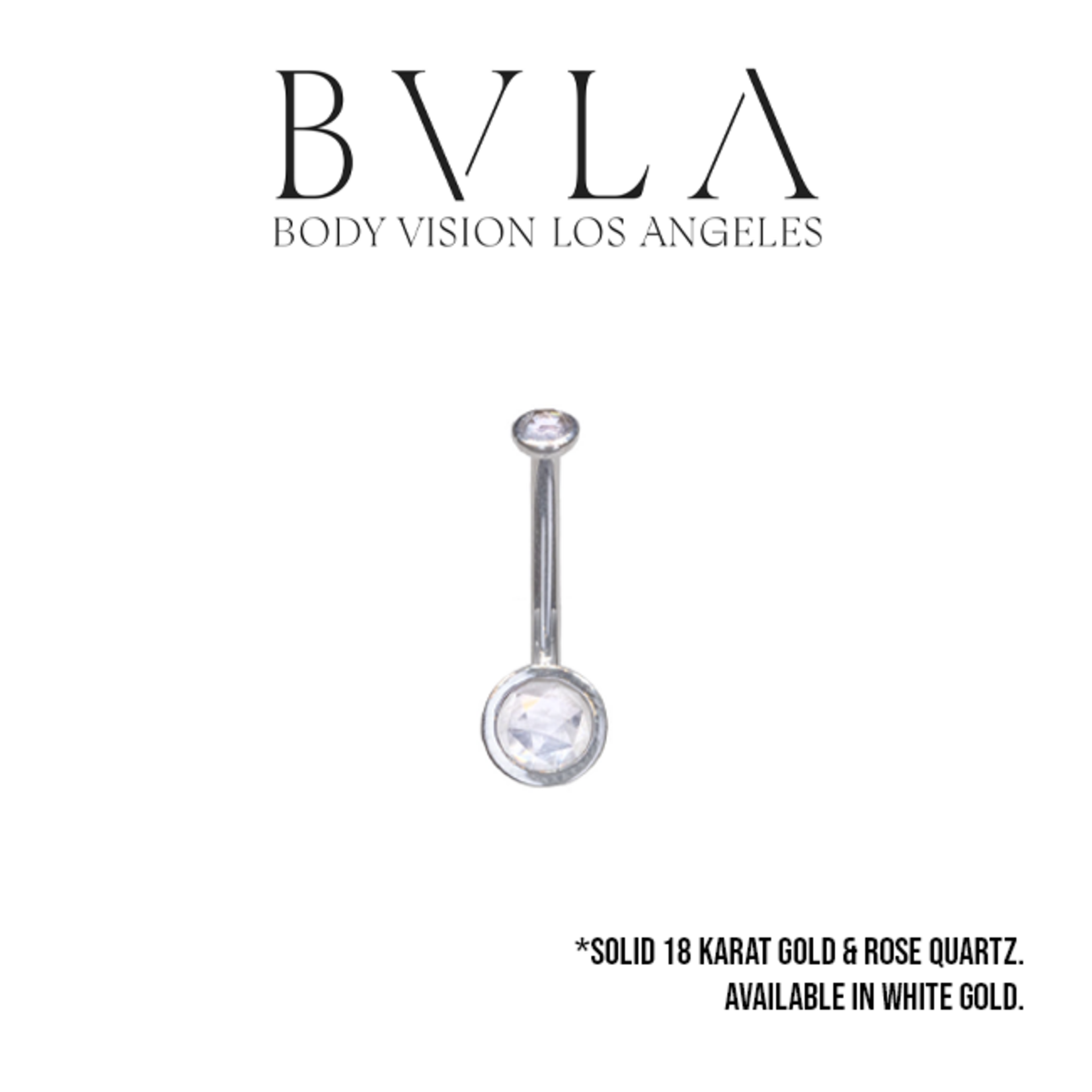 BVLA BVLA White Gold 14g "Tapered Classic Bezel" navel curve with 3.0mm and 5.0mm rose-cut rose quartz