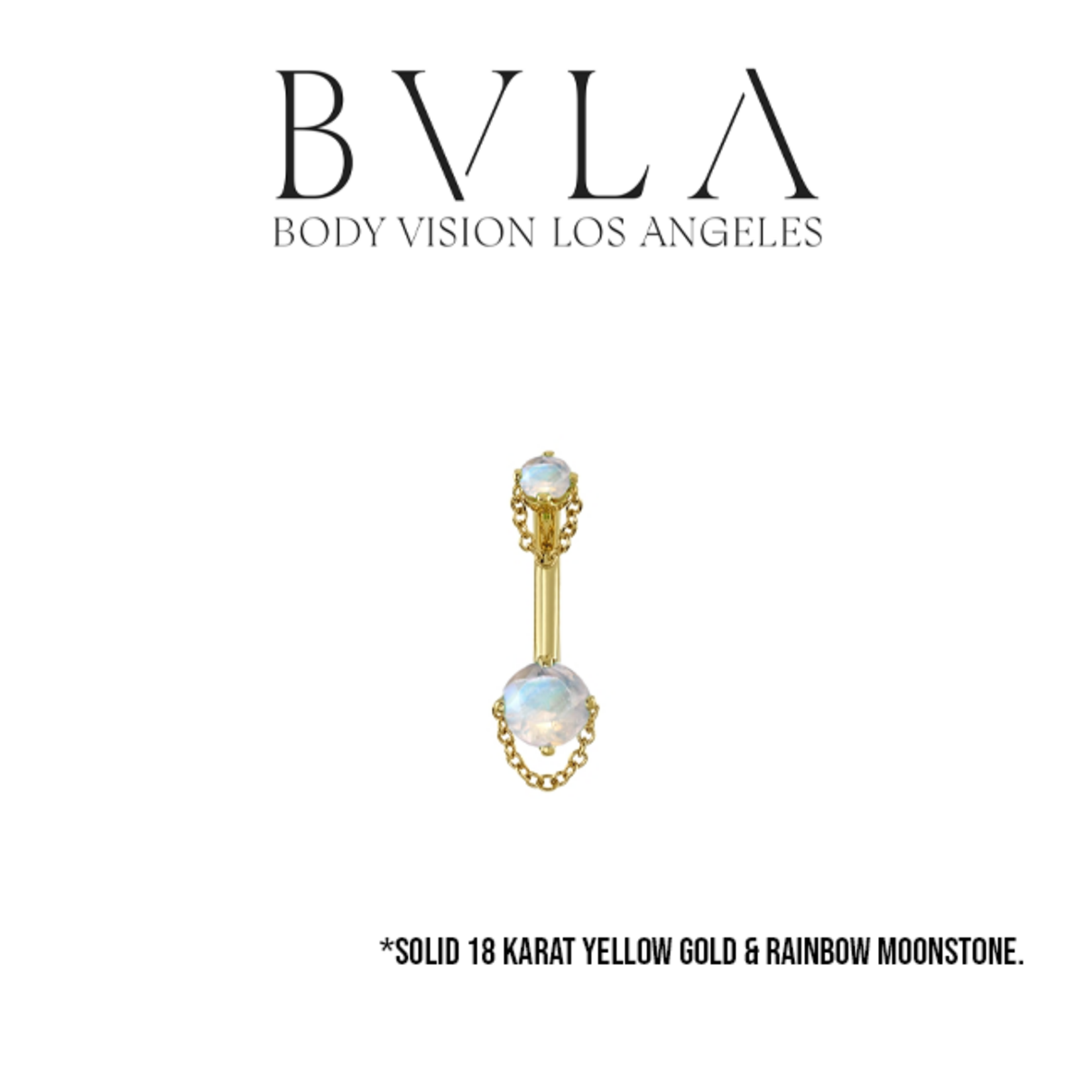BVLA BVLA Yellow Gold 14g "Rianna" navel curve with 3.0mm & 5.0mm rainbow moonstone and chain accents