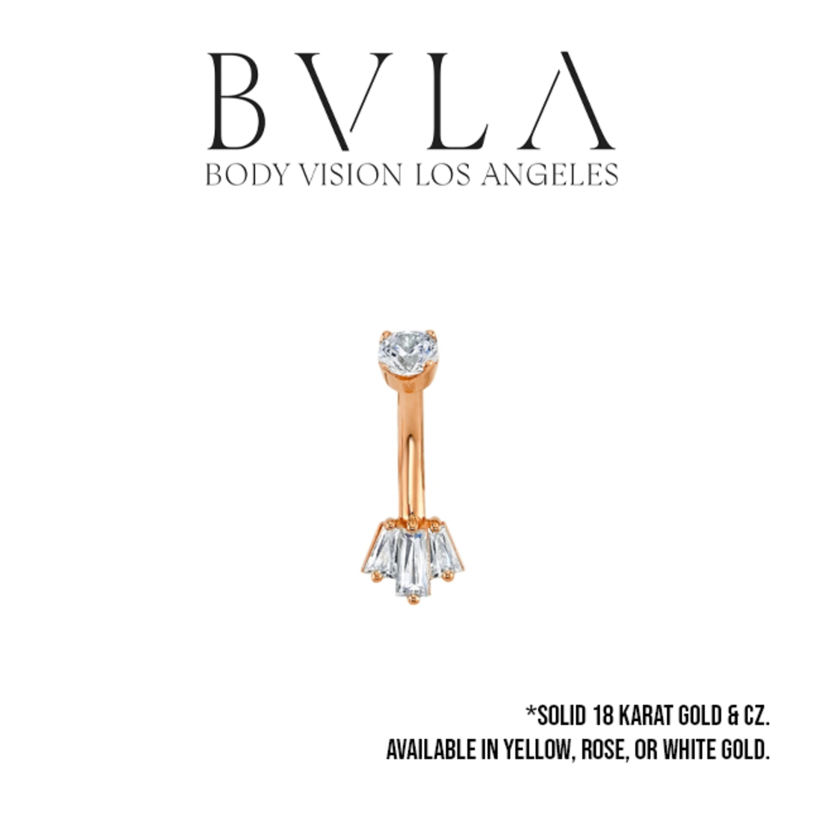 BVLA BVLA 16g "Oceane 3" curved barbell with 1x 3.0 CZ top, 2x 3x2x1 baguette CZ and 1x 4x2x1.5 baguette CZ