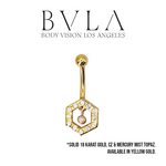 BVLA BVLA Yellow Gold 14g "Hexagon" Navel Curve with CZ and Mercury Mist Topaz