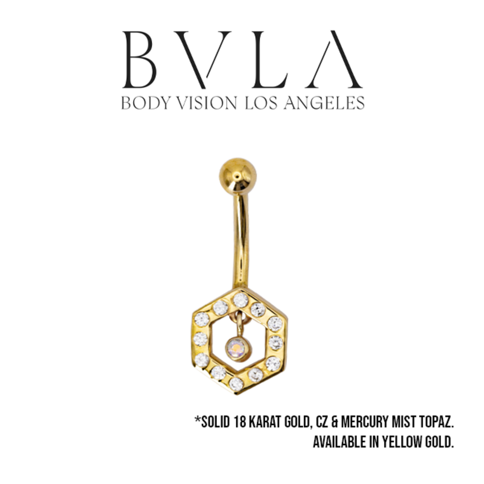 BVLA BVLA Yellow Gold 14g "Hexagon" Navel Curve with 12x 2.0 CZ and 2.0 Mercury Mist Topaz accent
