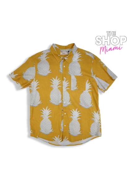 JB OSKLEN YELLOW WITH WHITE PINEAPPLE SHORT SLEEVE BUTTON UP XL