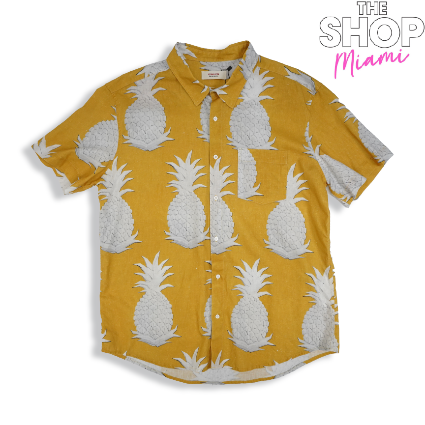 JB OSKLEN YELLOW WITH WHITE PINEAPPLE SHORT SLEEVE BUTTON UP XL-1