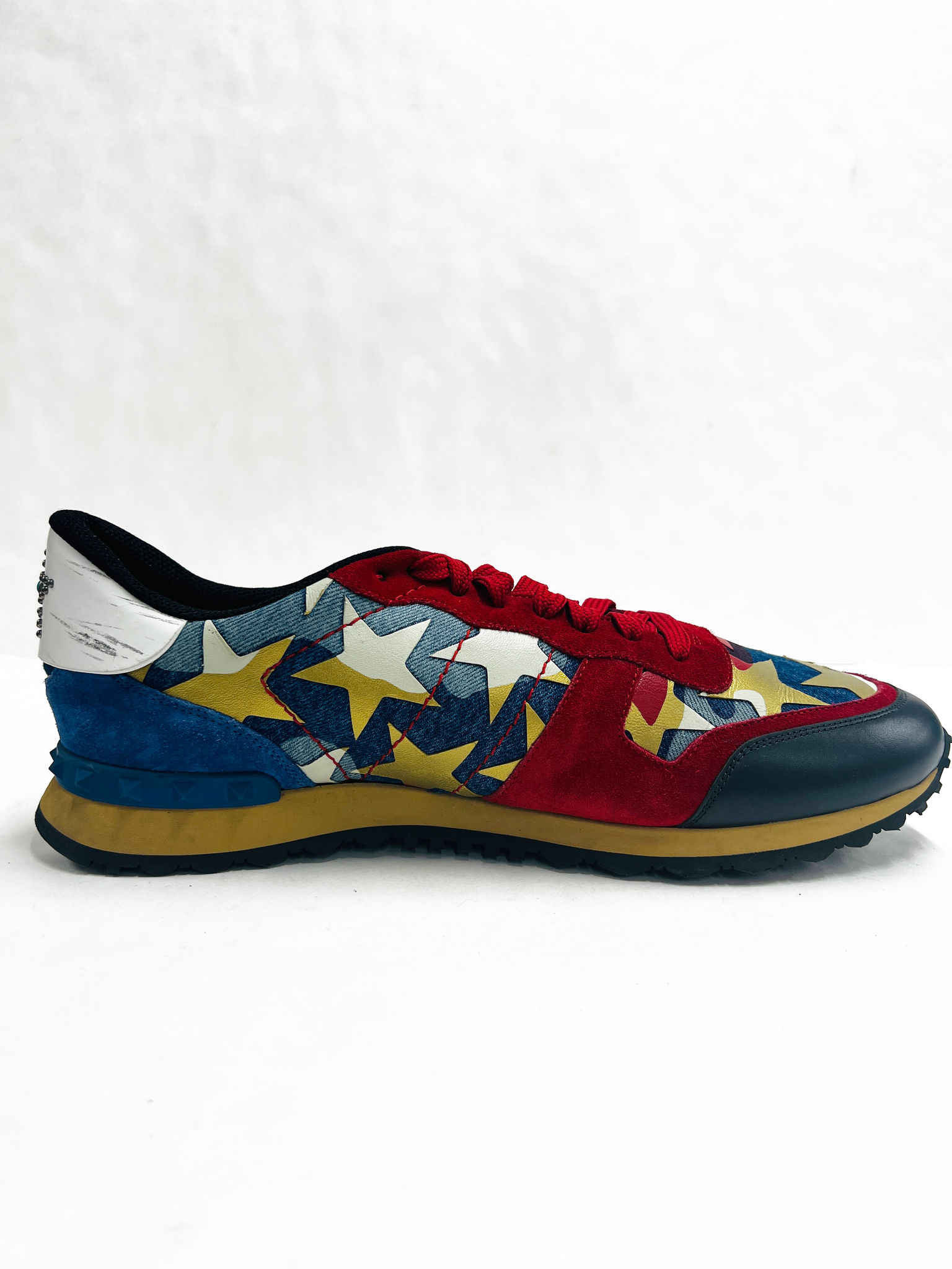 CA VALENTINO ROCKRUNNER STAR-STUDDED LEATHER SNEAKER RED/ WHITE/ BLUE CAMO STAR TRAINER-3