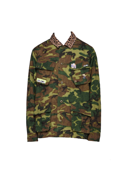 JB OVADIA & SONS ARMY CAMOUFLAGE WITH CHEETAH COLLAR LONG SLEEVE BUTTON-UP XL