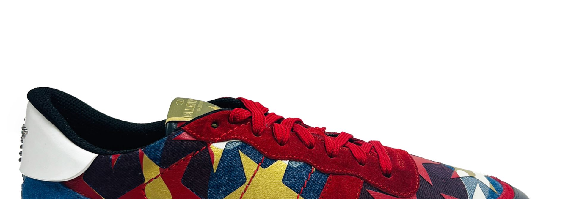 CA VALENTINO ROCKRUNNER STAR-STUDDED LEATHER SNEAKER RED/ WHITE/ BLUE CAMO STAR TRAINER