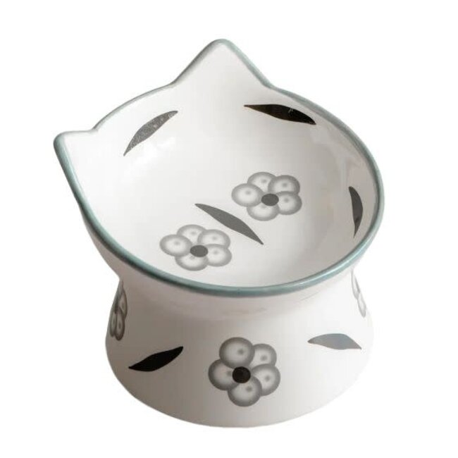 Dexypaws Ceramic Elevated Cat Bowl White with Black Floral Print