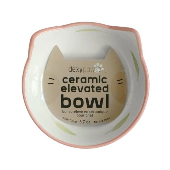 Dexypaws Ceramic Elevated Cat Bowl White with Pink Floral Print
