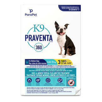 Parapet K9 Praventa 360 Flea & Tick Treatment - Medium Dogs 4.6 kg to 11 kg - 3 Tubes