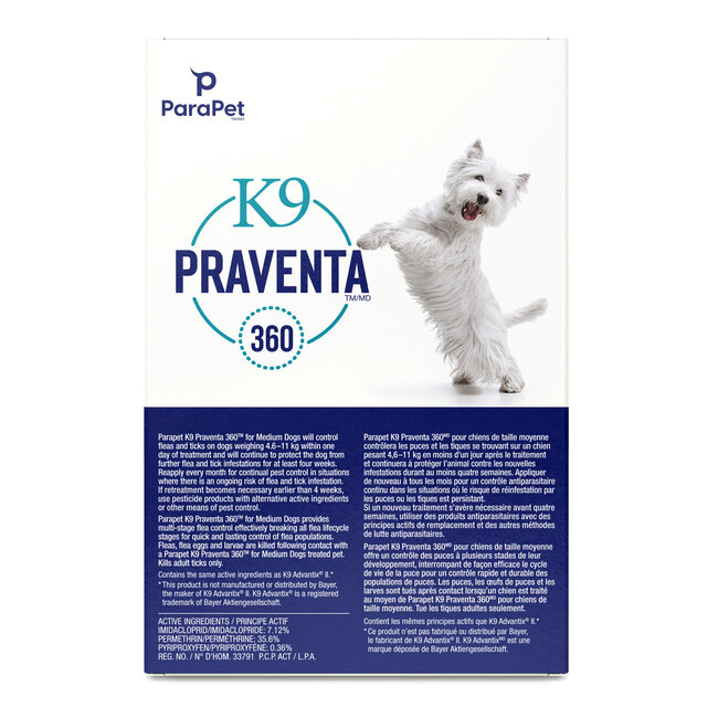 K9 Praventa 360 Flea & Tick Treatment - Medium Dogs 4.6 kg to 11 kg - 6 Tubes