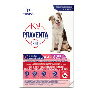 Parapet K9 Praventa 360 Flea & Tick Treatment - Large Dogs 11 kg to 25 kg - 6 Tubes