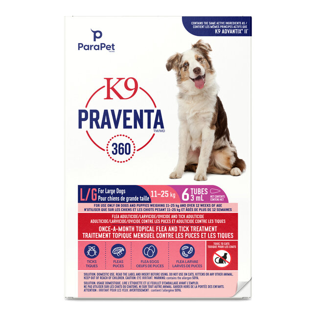 K9 Praventa 360 Flea & Tick Treatment - Large Dogs 11 kg to 25 kg - 6 Tubes