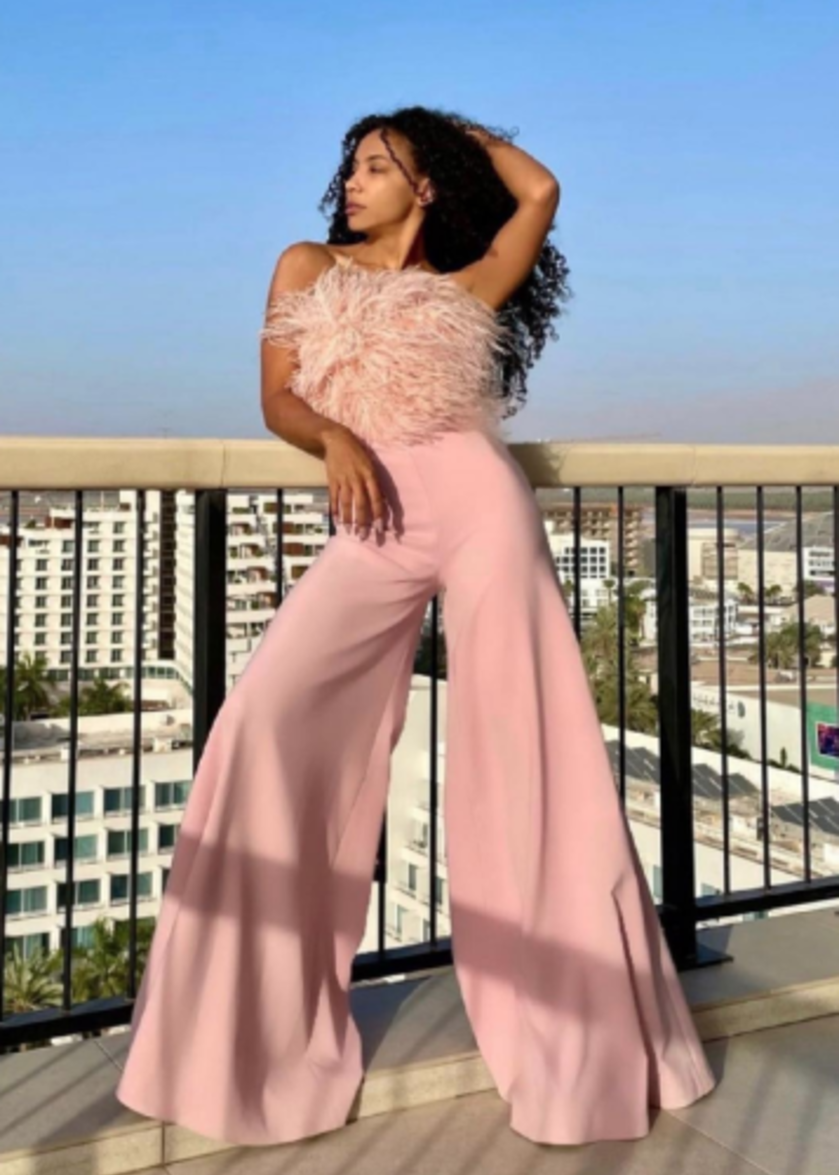 Jovani Ruffle My Feathers Blush Jumpsuit