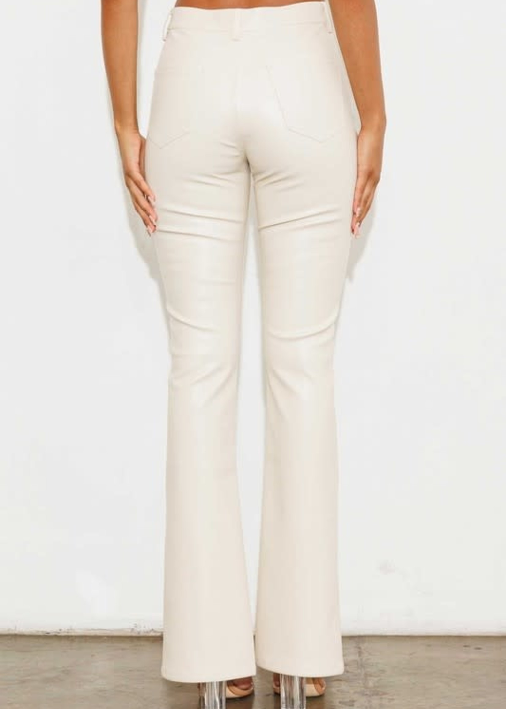 Cream Leather Front Slit Pants