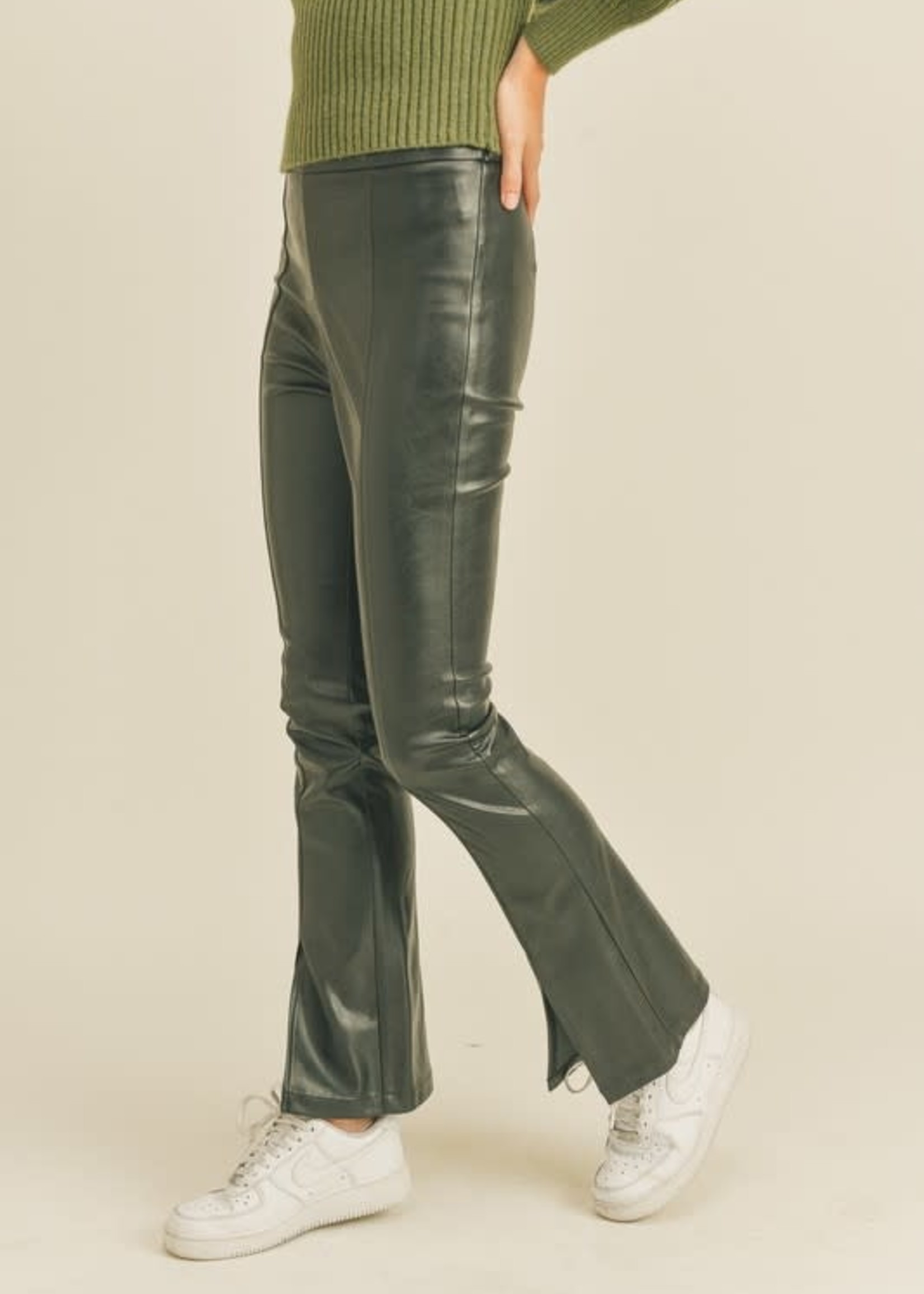 Black Leather Front Slit Pants
