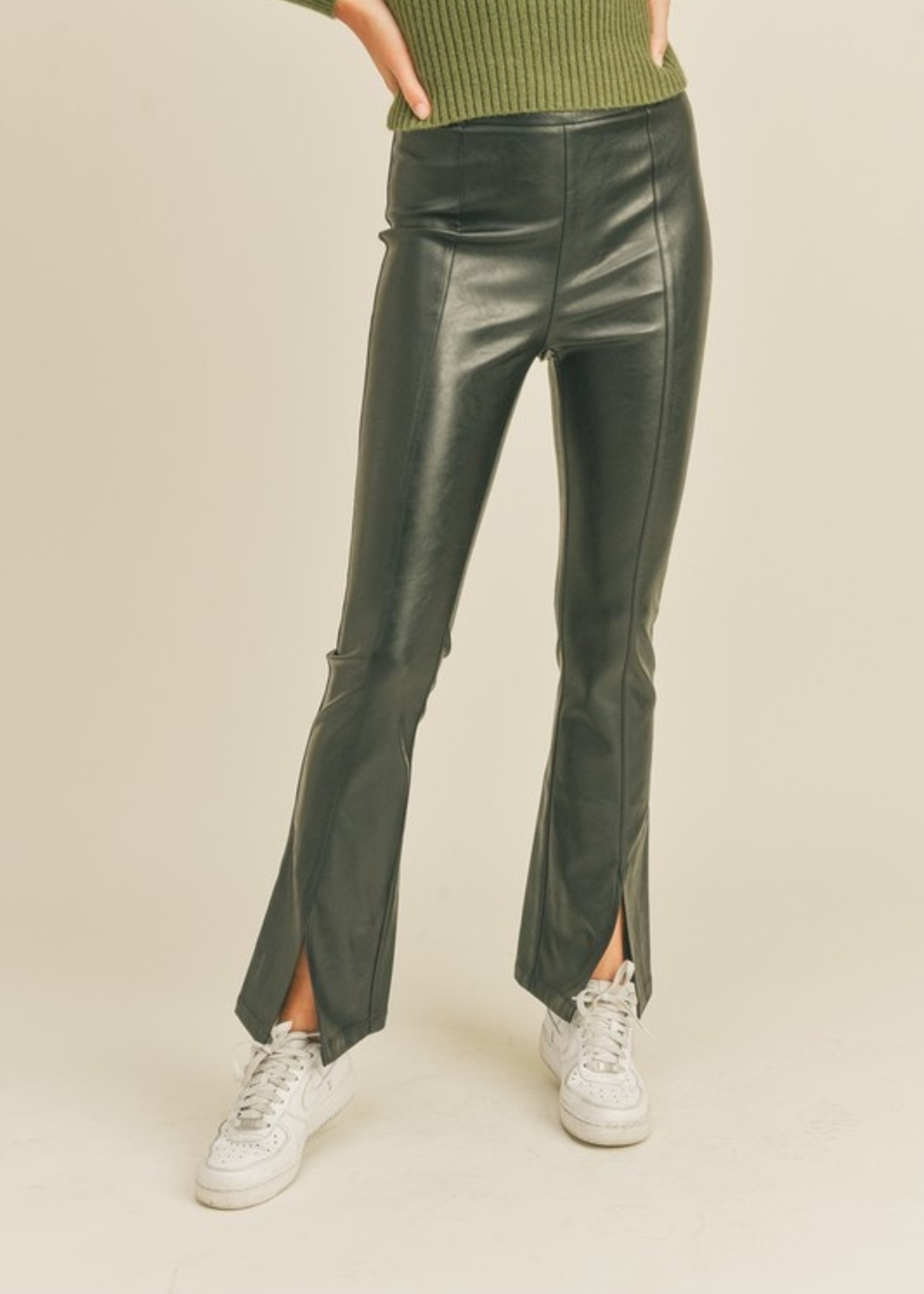Black Leather Front Slit Pants